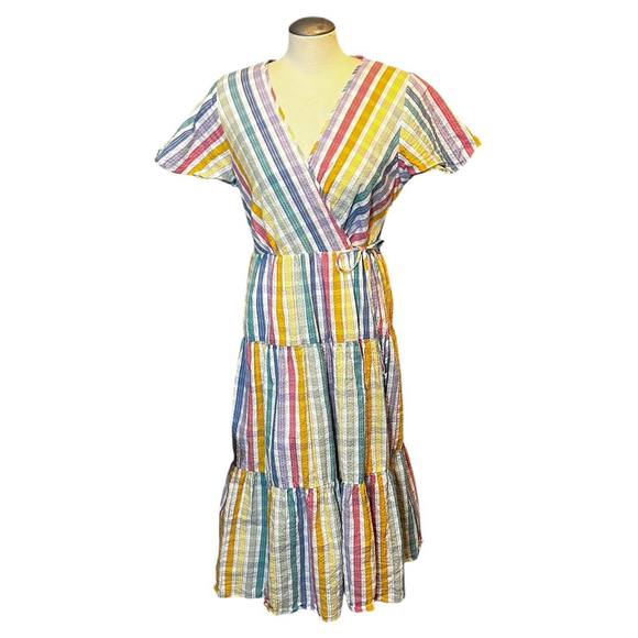 J.Crew Faux-wrap Midi Sundress, 12, Rainbow Gingham Seersucker Multi-colour - Picture 2 of 16